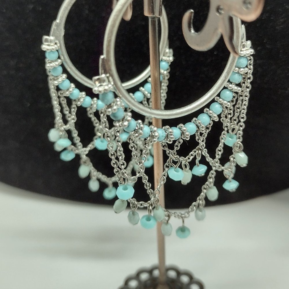 Vintage Turquoise Blue Bead Silver Hoops